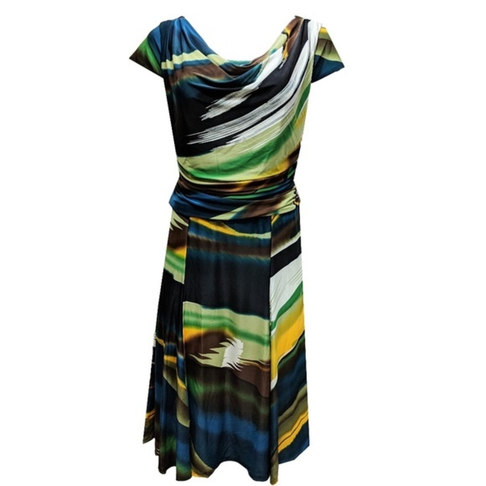 Drape Neck Watercolor Blue‎ Short Sleeves Women's Midi Dress